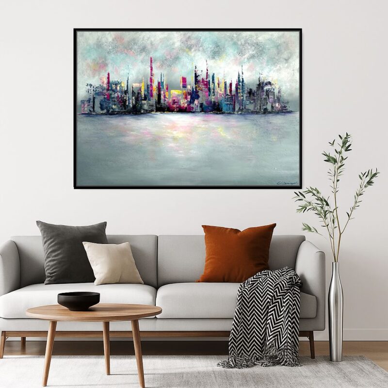 Kolorowy obraz abstrakcja w ramie, obraz kolorowe miasto, obrazy miasta, obrazy architektura