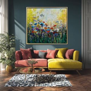 Obraz z kwiatami malowany na płótnie, obraz kwiatowa łąka, obraz z kwiatami, obraz 100x90, obraz z kwiatami w ramie, obrazy na płótnie z kwiatami