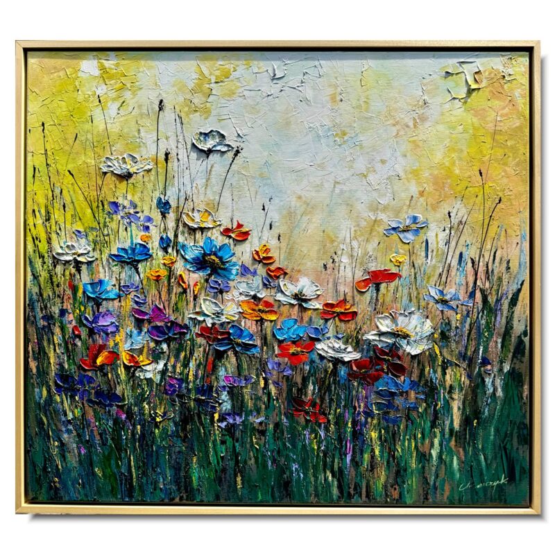 Obraz z kwiatami malowany na płótnie, obraz kwiatowa łąka, obraz z kwiatami, obraz 100x90, obraz z kwiatami w ramie, obrazy na płótnie z kwiatami