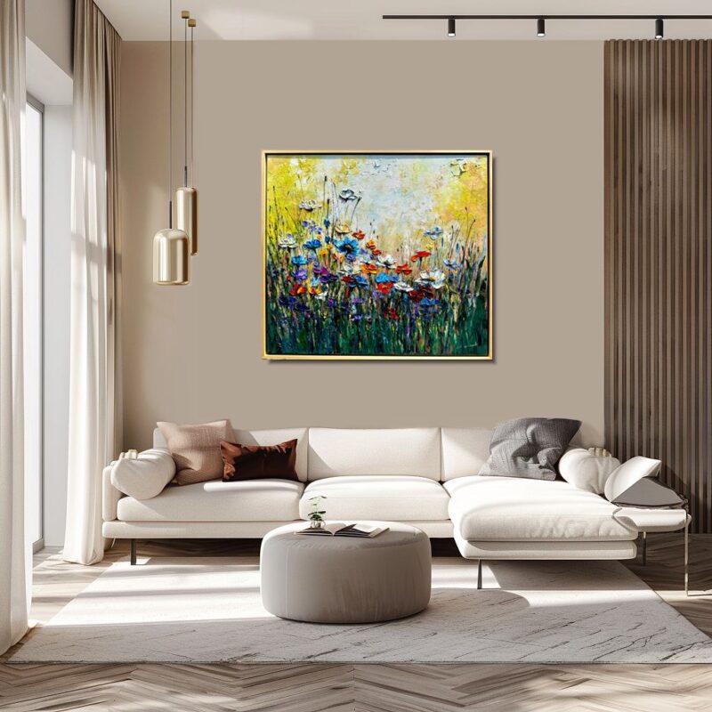 Obraz z kwiatami malowany na płótnie, obraz kwiatowa łąka, obraz z kwiatami, obraz 100x90, obraz z kwiatami w ramie, obrazy na płótnie z kwiatami
