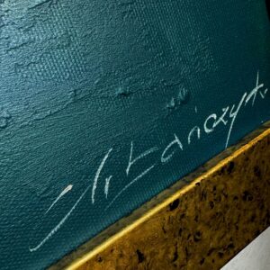 Nowoczesna abstrakcja obraz zbliżenie na sygnaturę autora