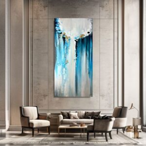 Nowoczesny obraz abstrakcja na płótnie, duży pionowy obraz, obraz 100x200, niebieska abstrakcja, obraz do salonu