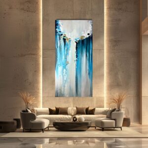 Nowoczesny obraz abstrakcja na płótnie, duży pionowy obraz, obraz 100x200, niebieska abstrakcja, obraz do salonu