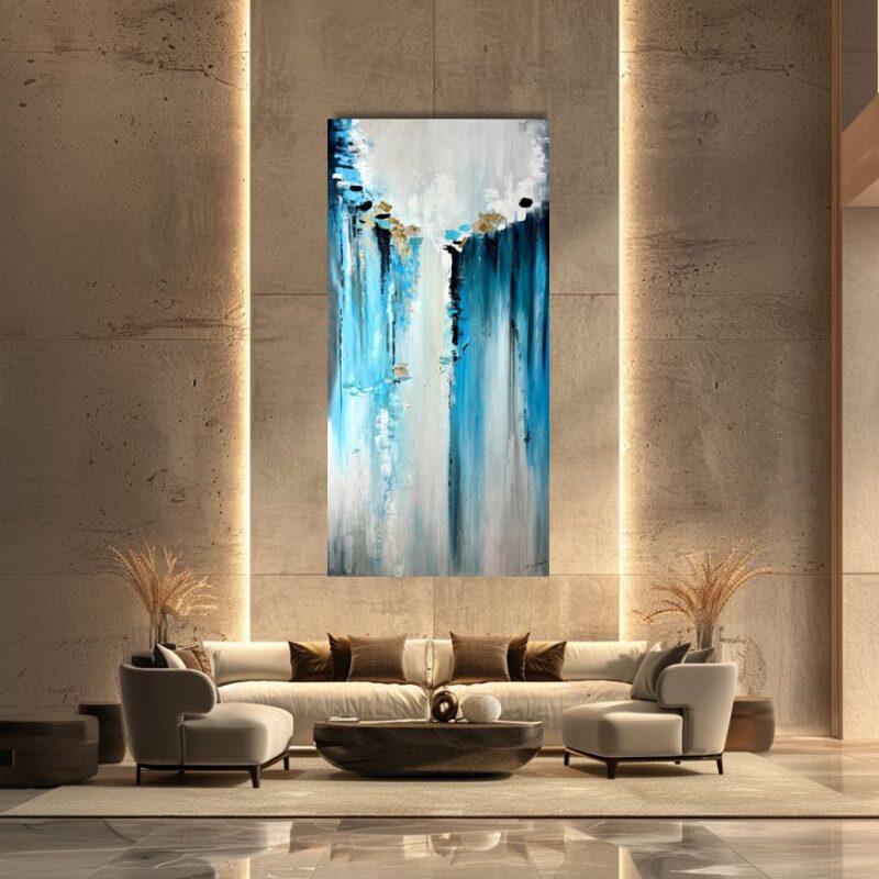 Nowoczesny obraz abstrakcja na płótnie, duży pionowy obraz, obraz 100x200, niebieska abstrakcja, obraz do salonu