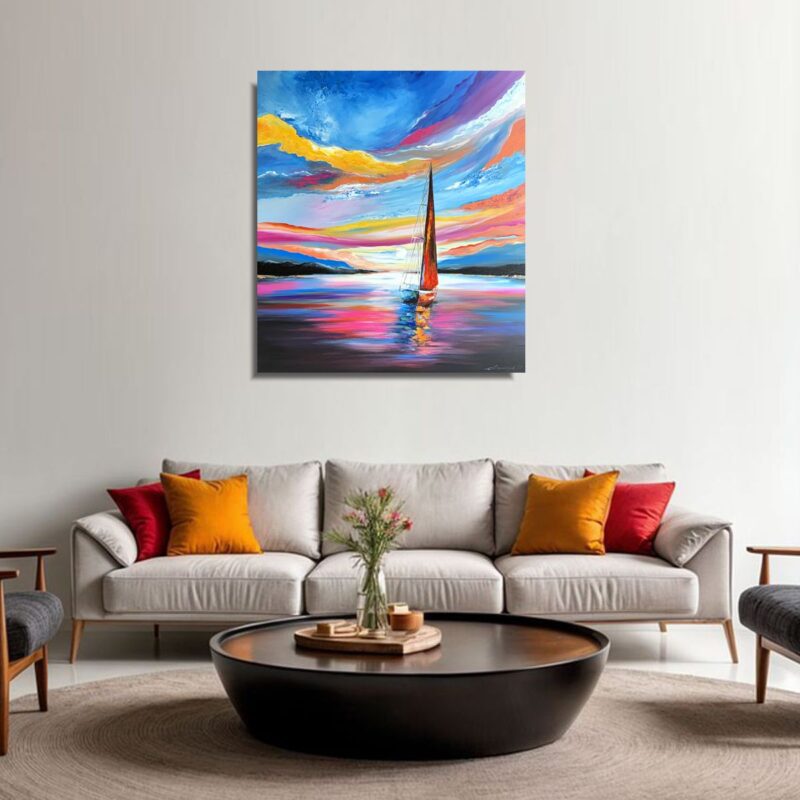 Kolorowy obraz przedstawiający żaglówkę płynącą po spokojnej wodzie o zachodzie słońca, z dynamicznym niebem w intensywnych odcieniach niebieskiego, różowego, żółtego i pomarańczowego.