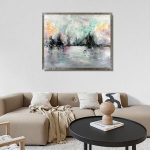 Nowoczesny obraz abstrakcyjny inspirowany naturą w odcieniach szarości, mięty i różu