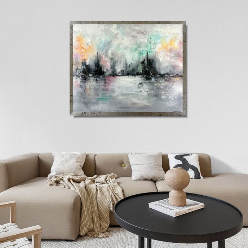 Nowoczesny obraz abstrakcyjny inspirowany naturą w odcieniach szarości, mięty i różu