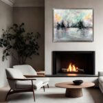 Nowoczesny obraz abstrakcyjny inspirowany naturą w odcieniach szarości, mięty i różu