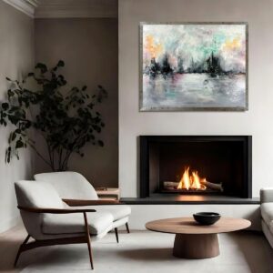 Nowoczesny obraz abstrakcyjny inspirowany naturą w odcieniach szarości, mięty i różu