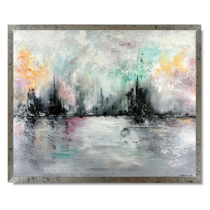 Nowoczesny obraz abstrakcyjny inspirowany naturą w odcieniach szarości, mięty i różu