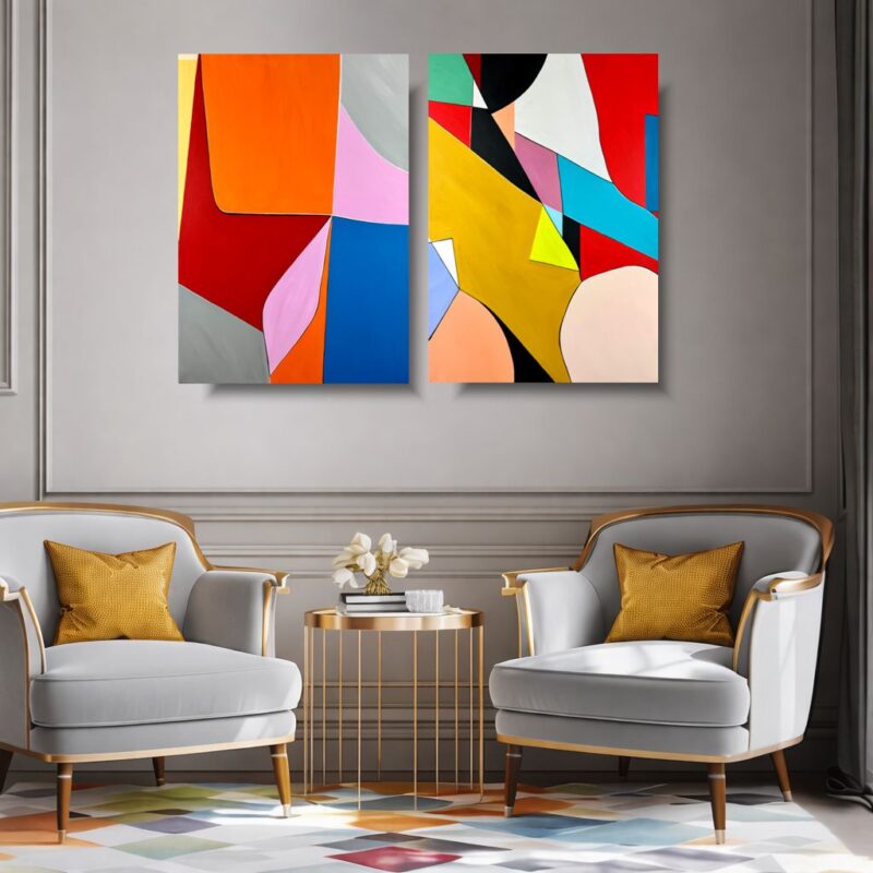 Nowoczesny obraz abstrakcyjny dyptyk z geometrycznymi i organicznymi kształtami w intensywnych kolorach – czerwieni, pomarańczu, błękicie, żółci i czerni, na jasnym tle.