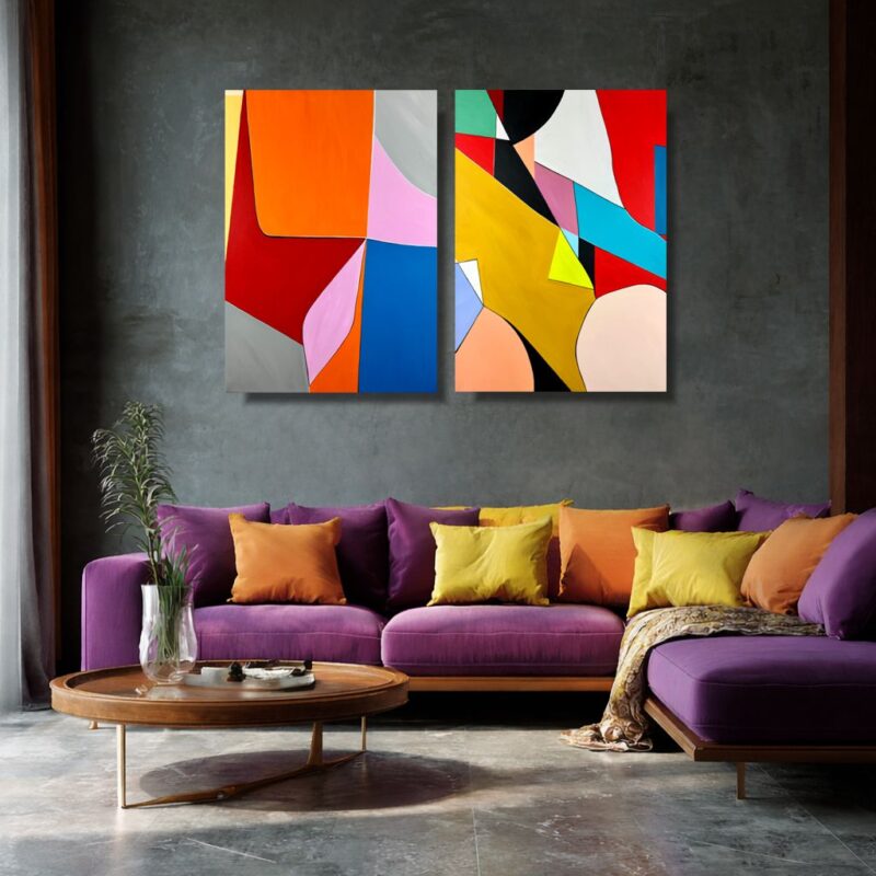 Nowoczesny obraz abstrakcyjny dyptyk z geometrycznymi i organicznymi kształtami w intensywnych kolorach – czerwieni, pomarańczu, błękicie, żółci i czerni, na jasnym tle.