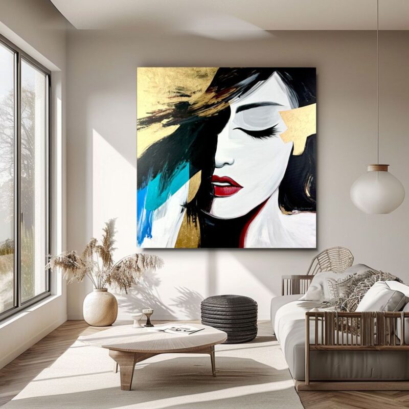 Ręcznie malowany obraz portret kobiety z zamkniętymi oczami, złotymi akcentami i czerwonymi ustami na kontrastowym tle