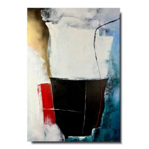 Nowoczesny obraz abstrakcyjny z czarną centralną formą, białym tłem oraz akcentami czerwieni, złota i niebieskiego, utrzymany w minimalistycznym stylu