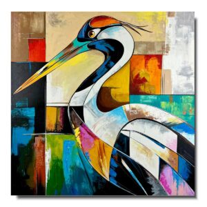 Nowoczesny kolorowy obraz abstrakcyjny przedstawiający stylizowanego ptaka przypominającego czaplę, w intensywnych kolorach i geometrycznej kompozycji na kolorowym tle
