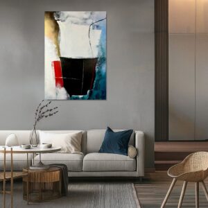 Nowoczesny obraz abstrakcyjny z czarną centralną formą, białym tłem oraz akcentami czerwieni, złota i niebieskiego, utrzymany w minimalistycznym stylu