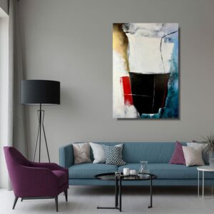 Nowoczesny obraz abstrakcyjny z czarną centralną formą, białym tłem oraz akcentami czerwieni, złota i niebieskiego, utrzymany w minimalistycznym stylu