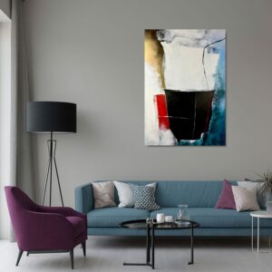 Nowoczesny obraz abstrakcyjny z czarną centralną formą, białym tłem oraz akcentami czerwieni, złota i niebieskiego, utrzymany w minimalistycznym stylu