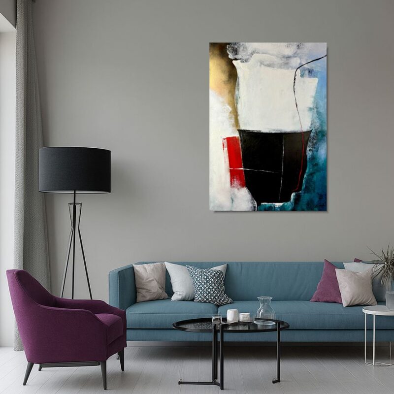 Nowoczesny obraz abstrakcyjny z czarną centralną formą, białym tłem oraz akcentami czerwieni, złota i niebieskiego, utrzymany w minimalistycznym stylu