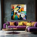 Nowoczesny kolorowy obraz abstrakcyjny przedstawiający stylizowanego ptaka przypominającego czaplę, w intensywnych kolorach i geometrycznej kompozycji na kolorowym tle