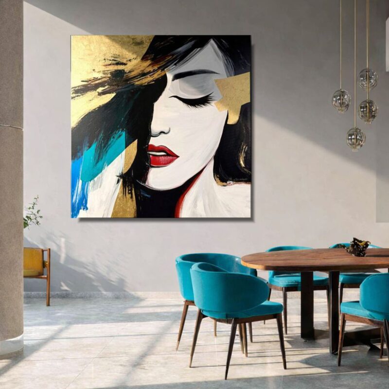 Nowoczesny portret kobiety jako obraz do salonu – wizualizacja we wnętrzu