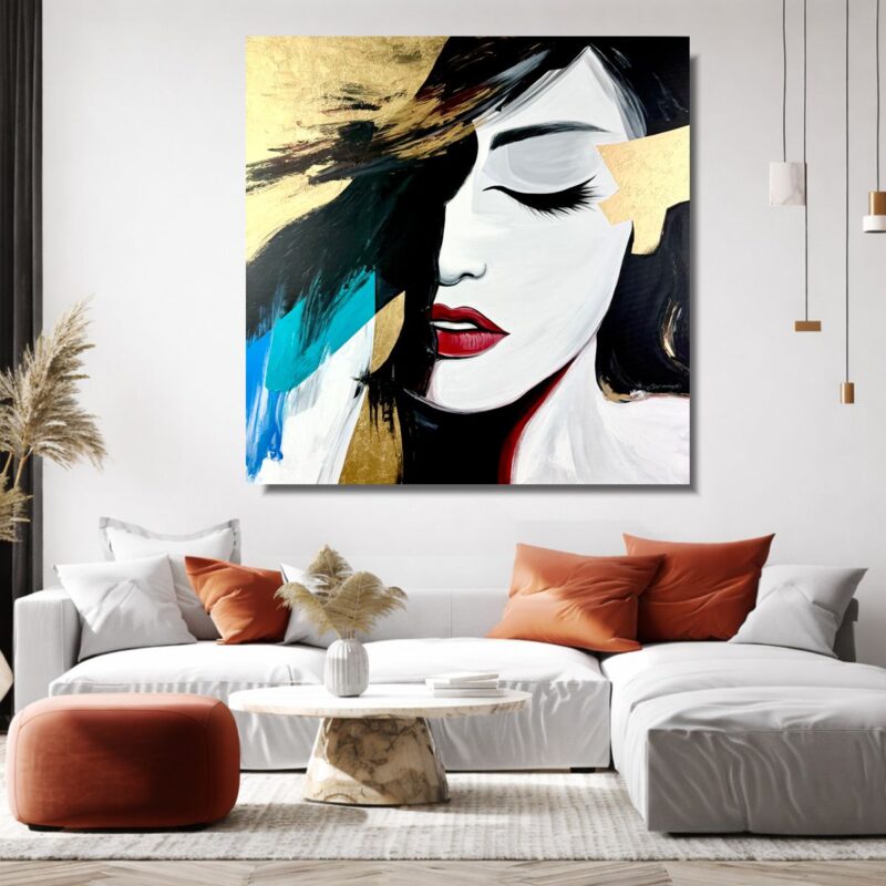 Nowoczesny portret kobiety jako obraz nad kanapę – wizualizacja we wnętrzu