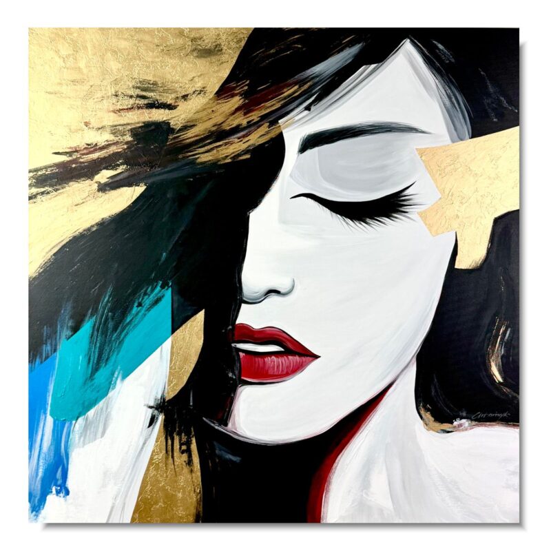 Nowoczesny portret kobiety z zamkniętymi oczami – obraz akrylowy 100x100 ręcznie malowany