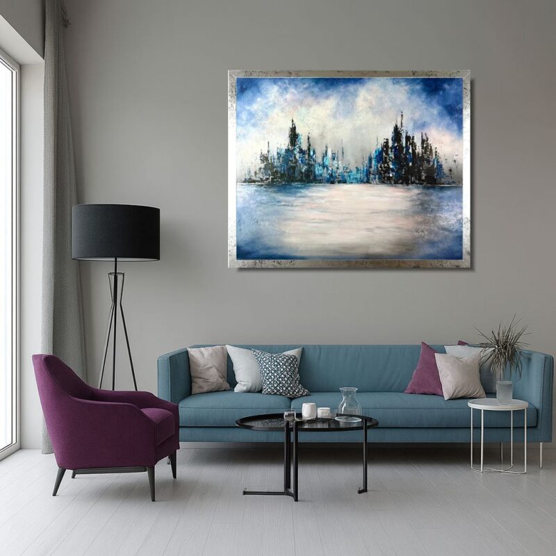 Obraz abstrakcyjny miasto w srebrnej ramie jako obraz do salonu
