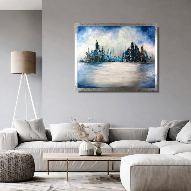 Obraz abstrakcyjny miasto w srebrnej ramie jako obraz nad kanapę
