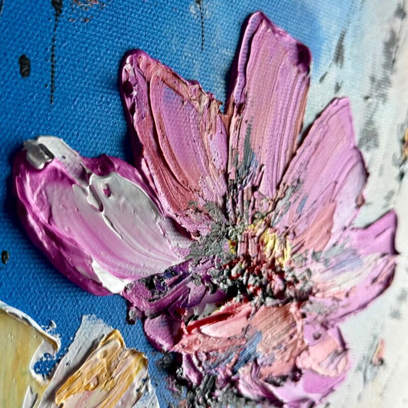 Gruba faktura farby – nowoczesny obraz kwiatów malowany akrylem